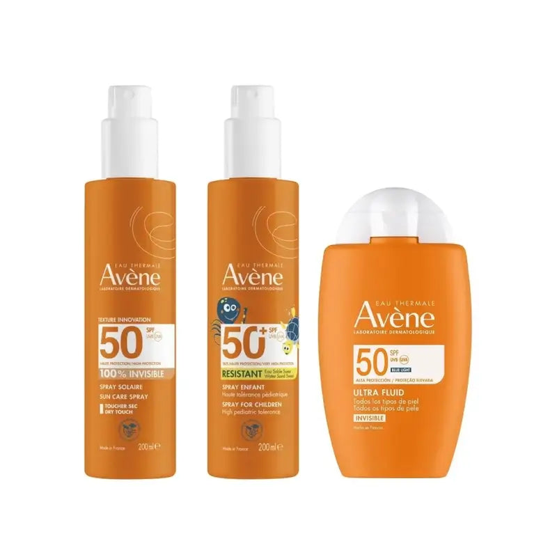 Avène Ultra Invisible Fluid Spf50 50 Ml + Invisible Spray Spf 50 200 Ml + Spray Spf 50+ für Kinder 200 Ml