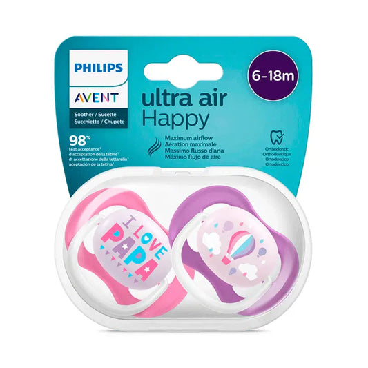 Avent 2 Pacifiers Ultra Air Collection Happy 6-18 Months Silicone Baby Girl