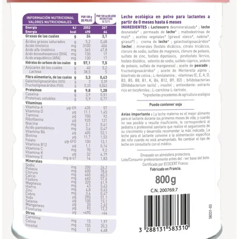 Babybio Optima 1 Kuhmilch 0-6 Monate, Packung 12 x 800 Gramm