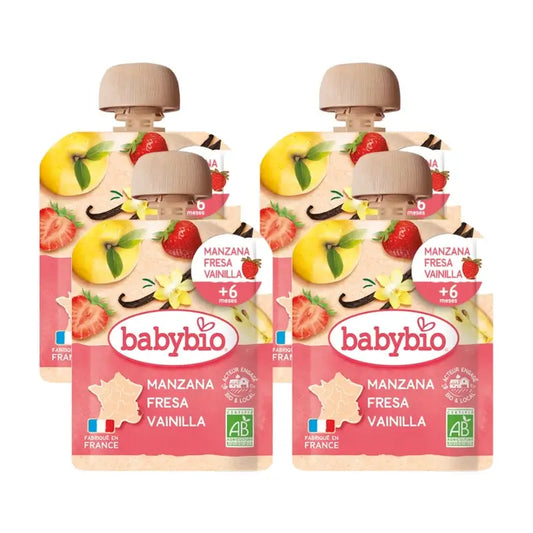 Babybio Pouch Apfel-Erdbeer-Vanille, Packung 4 x 90 Gramm
