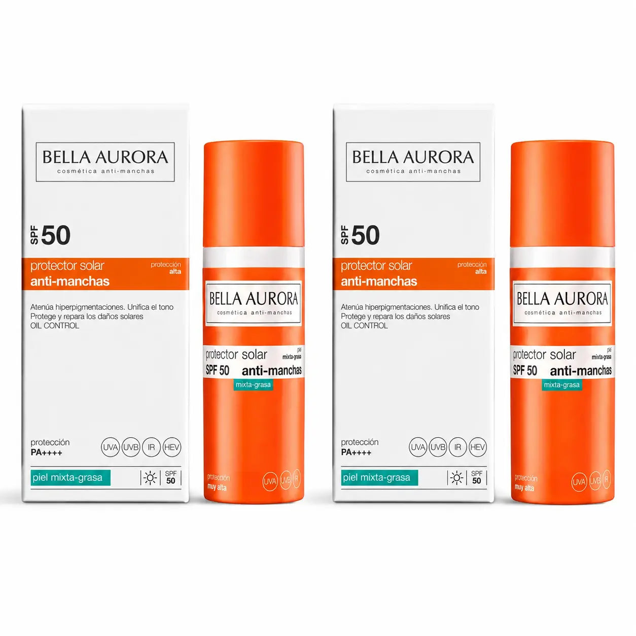 Bella Aurora Sonnenschutz gegen Pigmentflecken LSF 50. Mischhaut bis fettige Haut, 50 ml, 2er-Pack