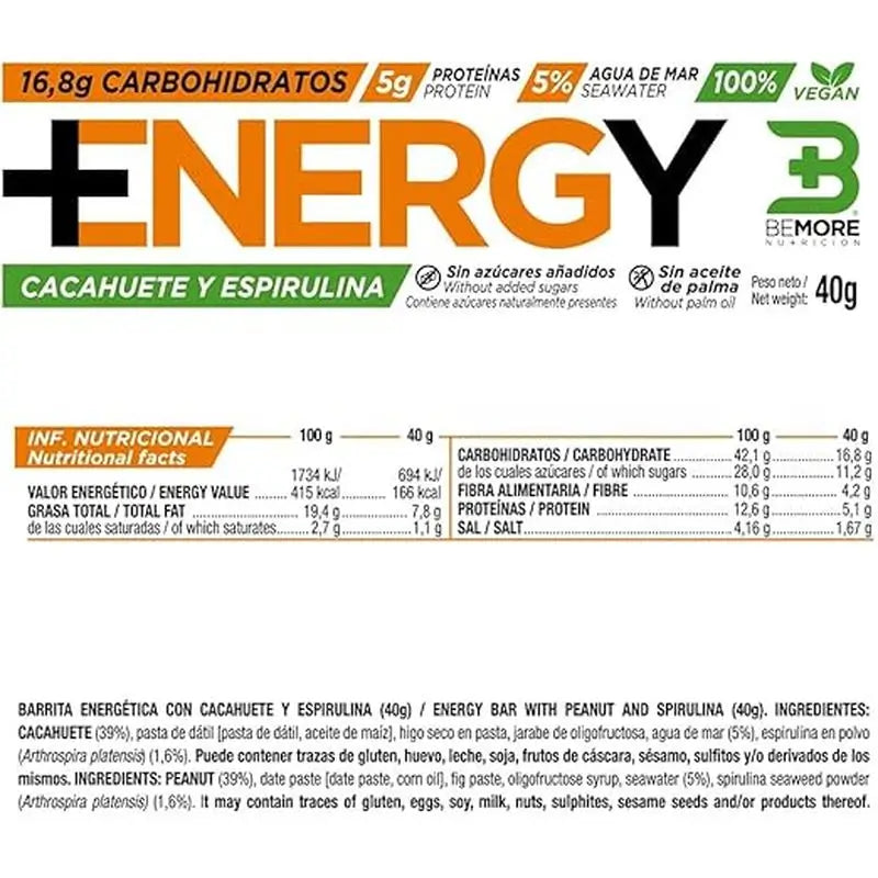 Bemore Nutrition Energy+ Energieriegel Erdnuss & Spirulina Geschmack