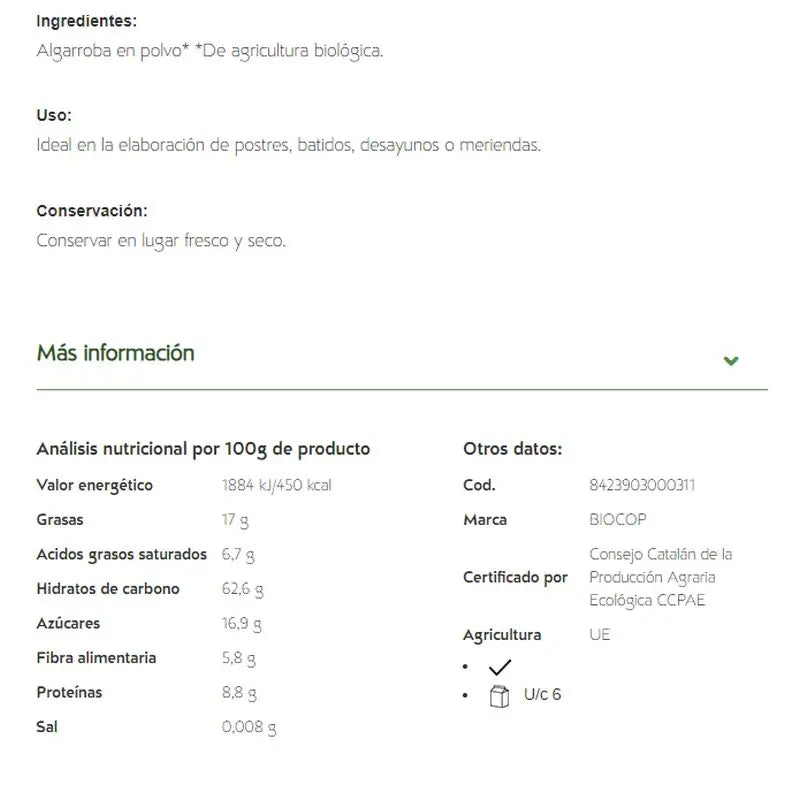 Biocop Johannisbrot-Pulver 250Gr. Bio