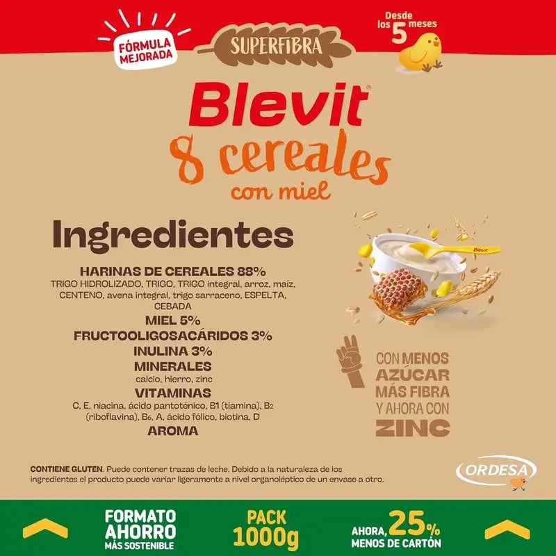 Blevit Babynahrung Superfibre 8 Getreide & Honig, 1000 grs.
