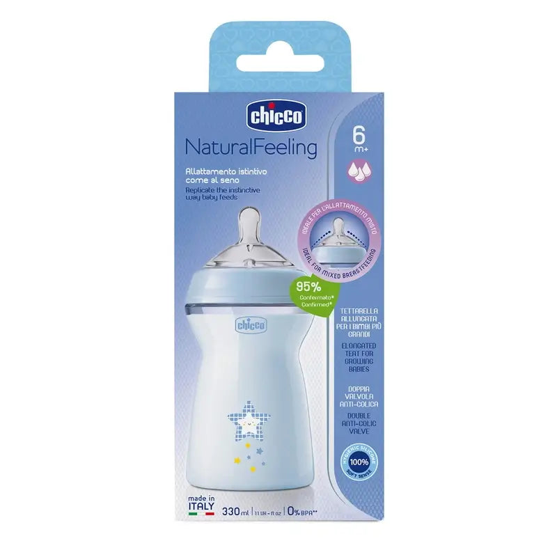 Chicco Naturalfeeling Blau Rapid Flow Fütterung Flasche 330Ml 6 M+