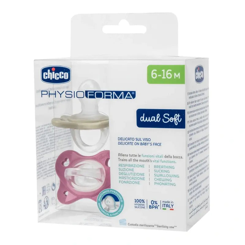 Chicco Physioforma Dual Soft Silikon Schnuller Rosa 6-16M 2 Einheiten