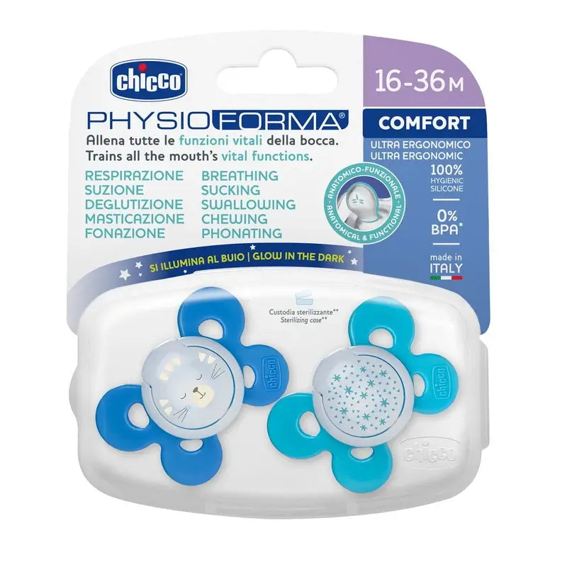Chicco Schnuller Physio Comfort Silikon Blau 16-36M 2 Stück sortiert