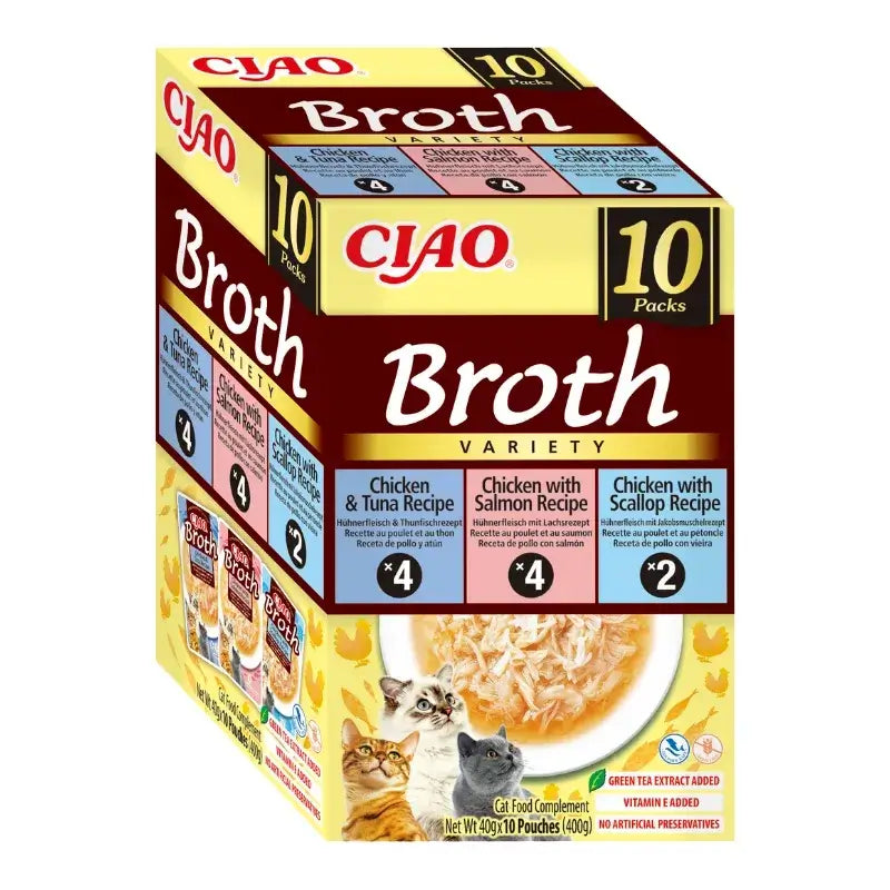Churu Ciao Broth Wet Cat Food Multipack: Chicken, Salmon and Tuna, 10 x 40 g