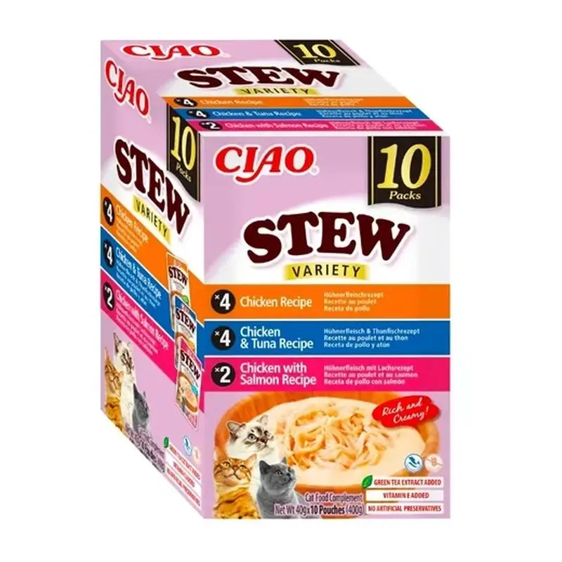 Churu Ciao Stew Wet Cat Food Multipack: Chicken, Tuna and Salmon, 10 x 40 g