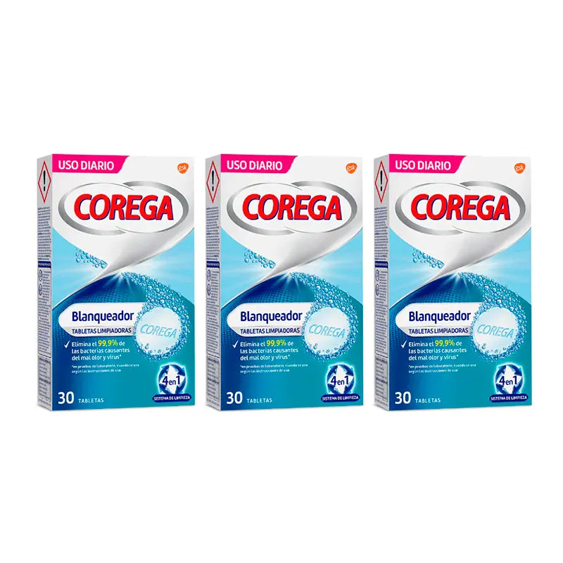 Corega Triplo Whitening Aufhellende Reinigungstabletten, 3 x 30 Stück.