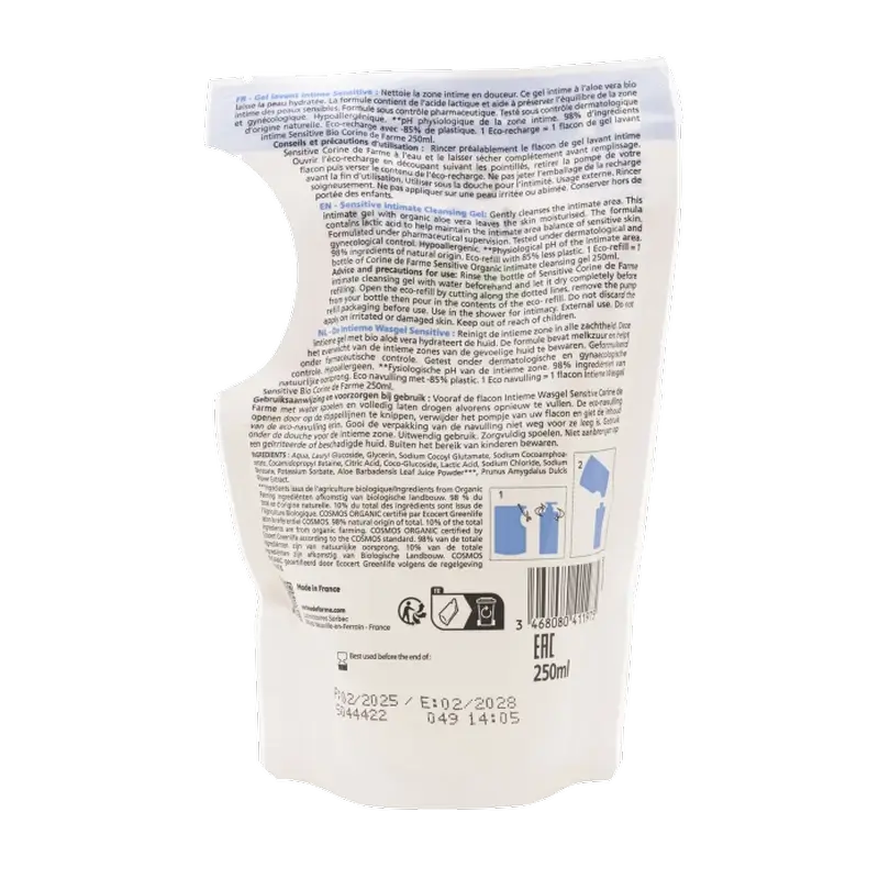 Corine De Farme Doypack Sensitive Intimhygiene-Gel Nachfüllpackung Bio, 250 ml