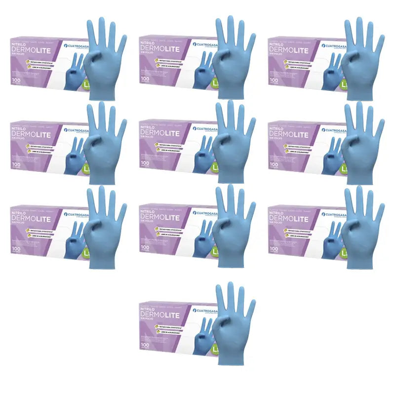 Cuatrogasa Dermolite Puderfreie Nitril-Handschuhe Blau Größe L, 10X100 Stück