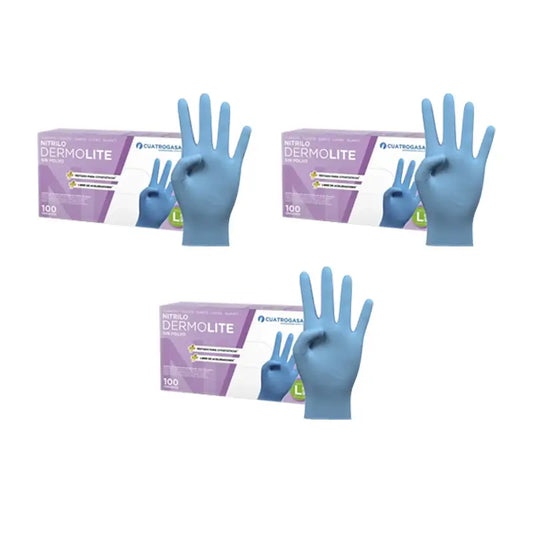 Cuatrogasa Dermolite Puderfreie Nitril-Handschuhe Blau Größe L, 3X100 Stück