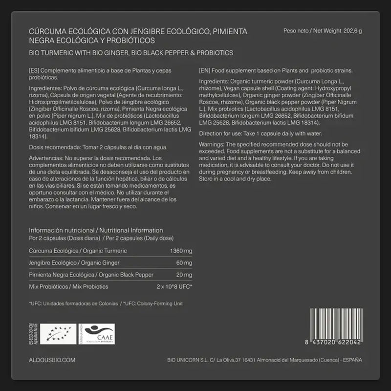 Aldous Bio Kurkuma mit Ingwer und schwarzem Pfeffer mit Probiotika, 250 Kapseln
