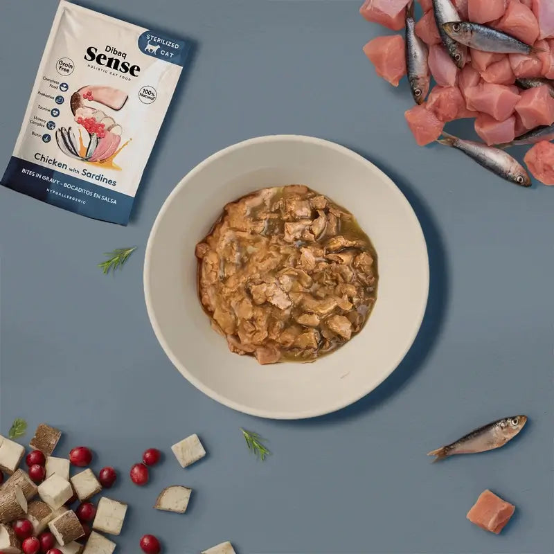 Dibaq Sense Wet Cat Food Bites in Sauce – Chicken with Sardines, 12 x 100 g