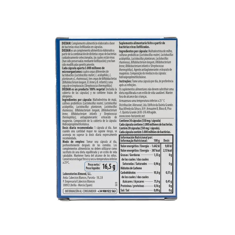 Diedam Probiotikum in magensaftresistenten Kapseln - Lactobacillus, Bifidobakterien und Inulin