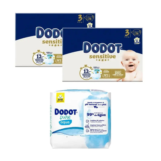 Dodot Sensitive Größe 3, 74 Windeln + Pure Aqua Baby Wipes, 288 Stück.