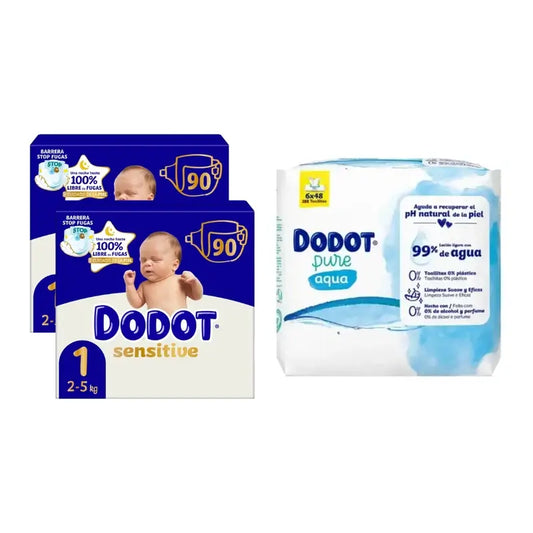 Dodot Sensitive Windel Sensitive Jumbo Pack Größe 1, 2x90 Einheiten + Aqua Plastic Free Wipes Box 6X48 (288 Einheiten)