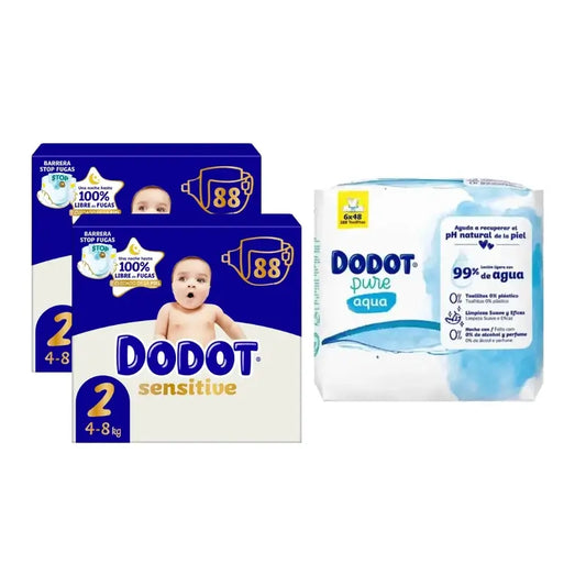 Dodot Sensitive Jumbo Sensitive Windelpaket Größe 2 , 2x88 Einheiten + Aqua Plastic Free Wipes Box 6X48 (288 Einheiten)