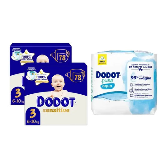 Dodot Sensitive Jumbo Sensitive Windelpaket Größe 3 , 2x78 Einheiten + Aqua Plastic Free Wipes Box 6X48 (288 Einheiten)