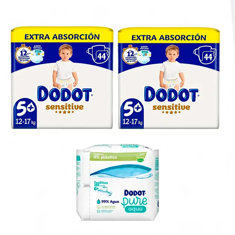 Dodot Sensitive Größe 5, 2 x 44 Windeln + Pure Aqua Baby Wipes 288 Stück.