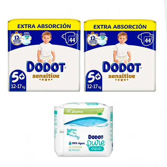 Dodot Sensitive Größe 5, 2 x 44 Windeln + Pure Aqua Baby Wipes 288 Stück.