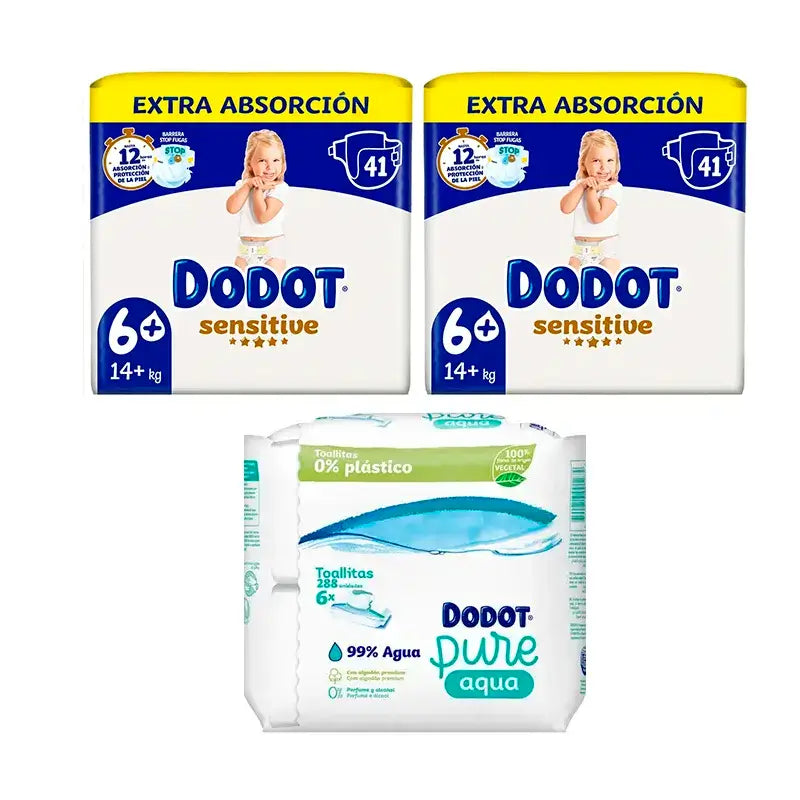 Dodot Sensitive Größe 6 Extra-Jumbo, Packung 2 x 41 Windeln + Pure Aqua Baby Wipes, 288 Stück.