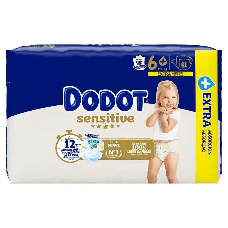 Dodot Sensitive Größe 6 Extra-Jumbo, Packung 2 x 41 Windeln + Pure Aqua Baby Wipes, 288 Stück.