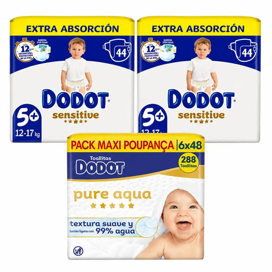 Dodot Sensitive Extra Jumbo Größe 5, 88 Windeln + Dodot Pure Aqua 288 Feuchttücher