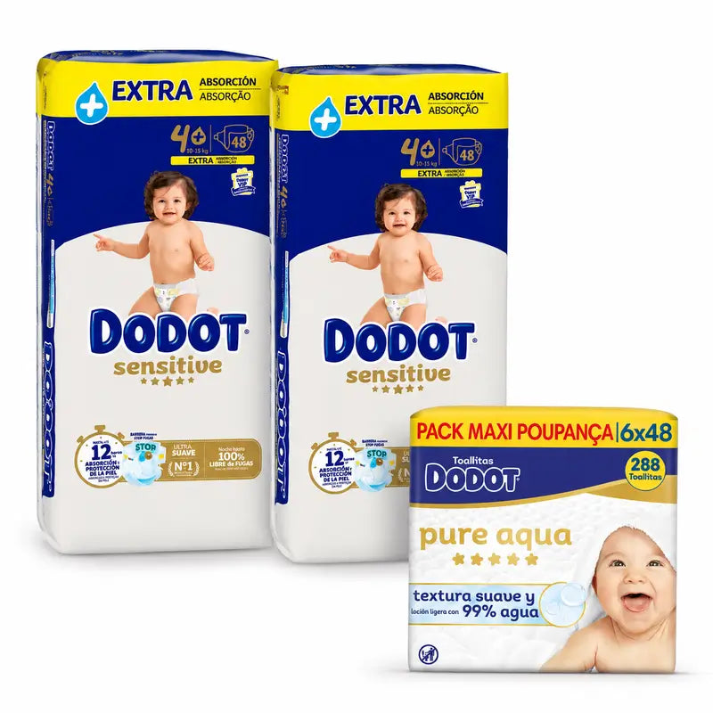 Dodot Sensitive Windeln Extra Saugfähig 10-15 kg Größe 4+, 96 Stück + Dodot Pure Aqua 288 Wischtücher