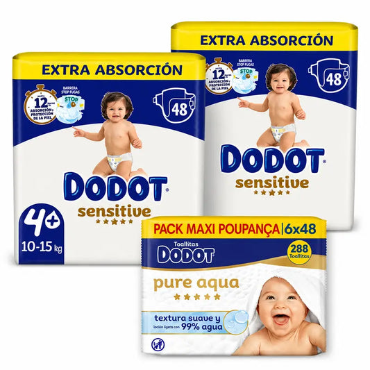 Dodot Sensitive Windeln Extra Saugfähig 10-15 kg Größe 4+, 96 Stück + Dodot Pure Aqua 288 Wischtücher