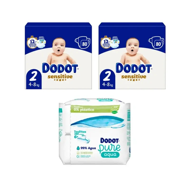 Dodot Sensitive Größe 2, 2 x 80 Windeln + Pure Aqua Baby Wipes, 288 Stück.