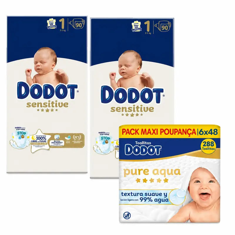 Dodot Sensitive Größe 1, 2kg-5kg, 180 Windeln + Dodot Pure Aqua 288 Feuchttücher