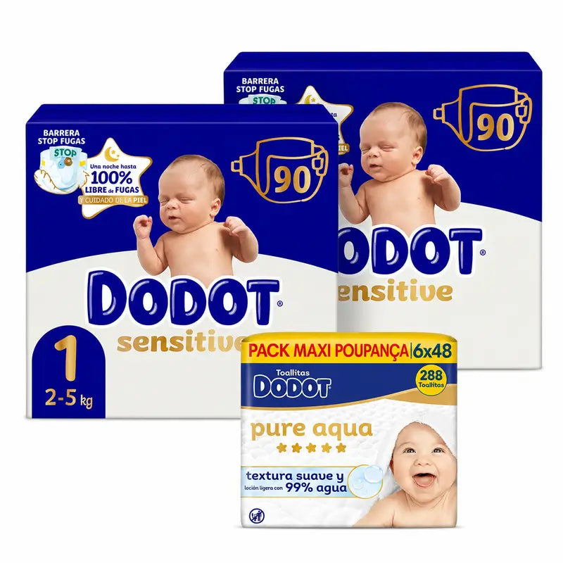 Dodot Sensitive Größe 1, 2kg-5kg, 180 Windeln + Dodot Pure Aqua 288 Feuchttücher