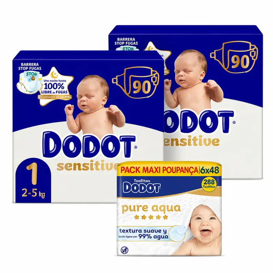 Dodot Sensitive Größe 1, 2kg-5kg, 180 Windeln + Dodot Pure Aqua 288 Feuchttücher