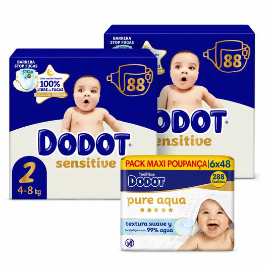 Dodot Sensitive Größe 2, 4kg-8kg, 176 Windeln + Dodot Pure Aqua 288 Feuchttücher