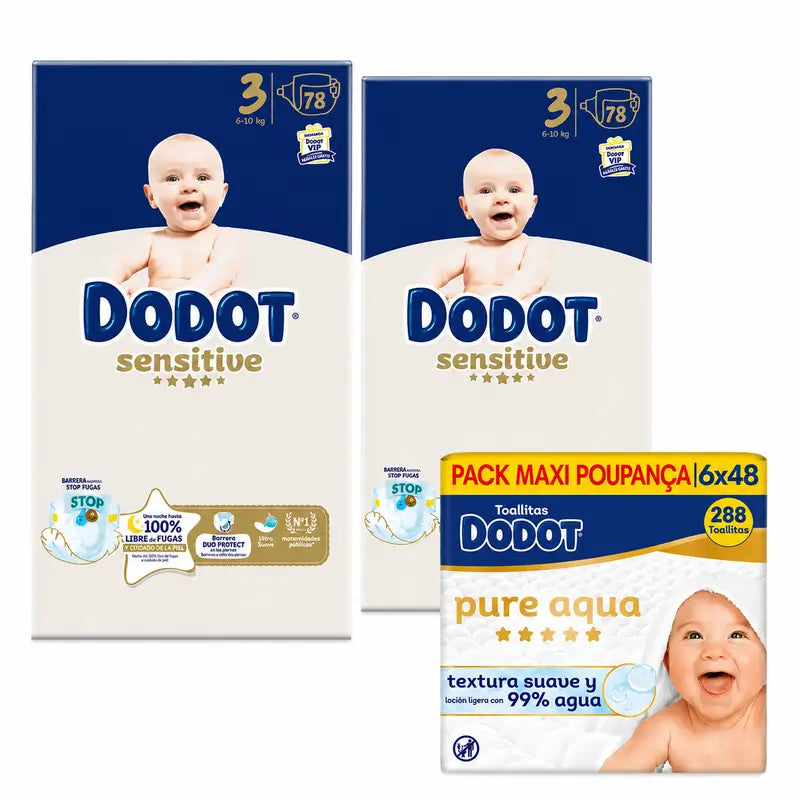 Dodot Sensitive Größe 3, 6kg-10kg, 156 Windeln + Dodot Pure Aqua 288 Feuchttücher
