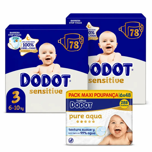 Dodot Sensitive Größe 3, 6kg-10kg, 156 Windeln + Dodot Pure Aqua 288 Feuchttücher