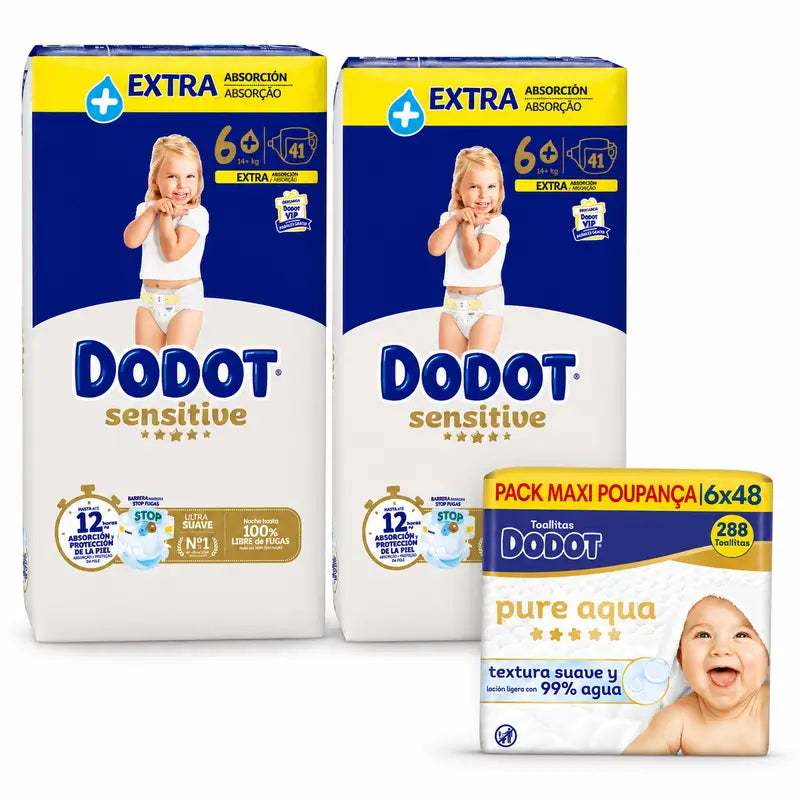 Dodot Sensitive Größe 6, 82 Windeln + Dodot Pure Aqua 288 Feuchttücher