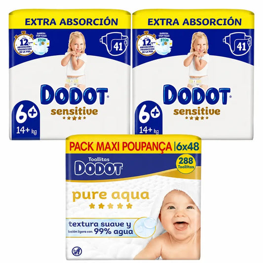 Dodot Sensitive Größe 6, 82 Windeln + Dodot Pure Aqua 288 Feuchttücher
