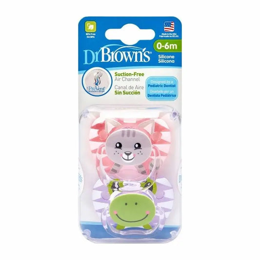 Dr. Brown's Prevent Classic Animal Faces Soother T1 0-6 Months Girl, 2 units