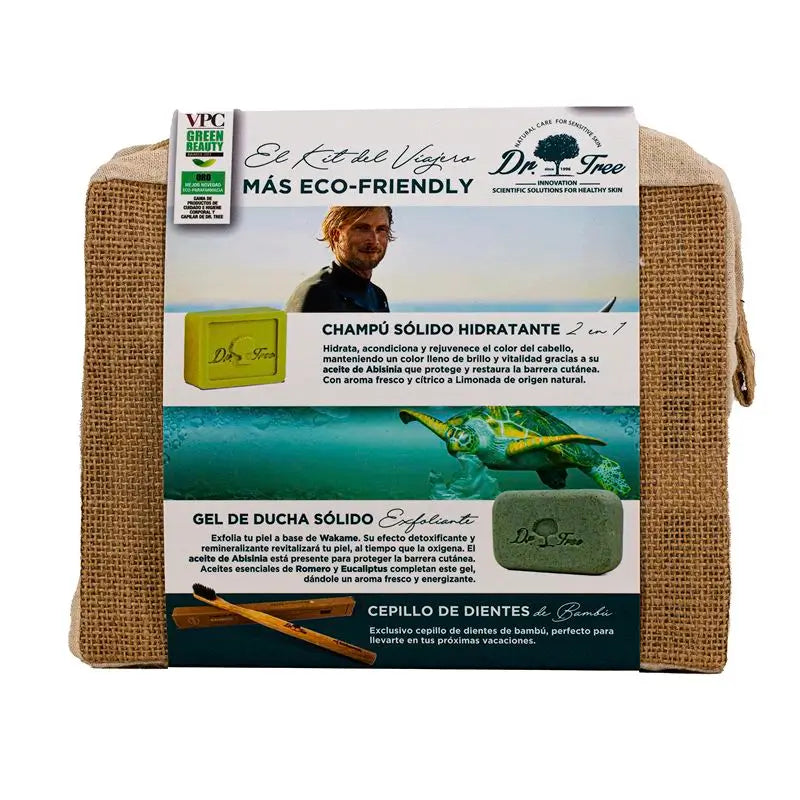 Dr. Tree Kulturtasche Travel Kit Shampoo Solid Gel + Zahnbürste Bambus