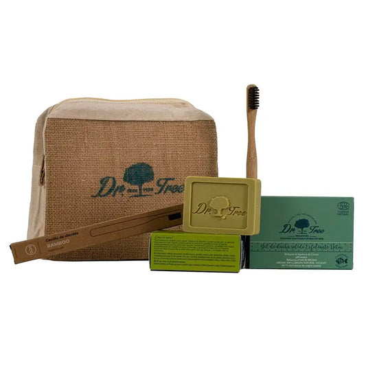 Dr. Tree Kulturtasche Travel Kit Shampoo Solid Gel + Zahnbürste Bambus