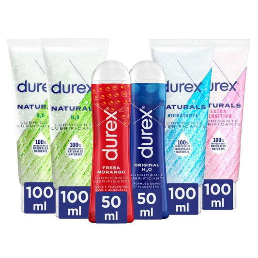 Durex Gleitgel Pack Nat, 2x100Ml + Hyaluronsäure, 100 Ml + Extra Sensitiv, 100 Ml + Original, 50 Ml + Erdbeere, 50 Ml