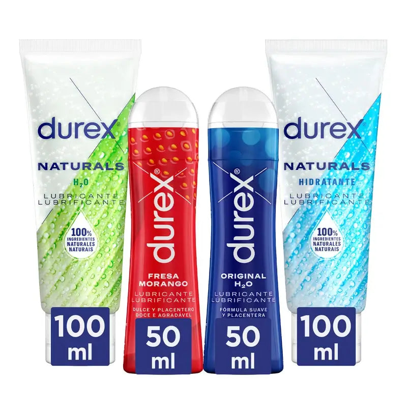 Durex Gleitgel Pack Natural, 100 ml + Original, 50 ml + Naturals Hyaluronsäure, 100 ml + Erdbeere, 50 ml