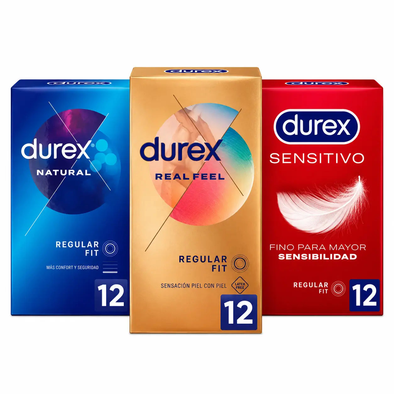Durex Original Kondome Packung Natural Plus, 12 Stück + Sensitive Soft, 12 Stück + Real Feel, 12 Stück
