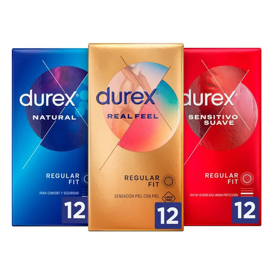 Durex Original Kondome Packung Natural Plus, 12 Stück + Sensitive Soft, 12 Stück + Real Feel, 12 Stück