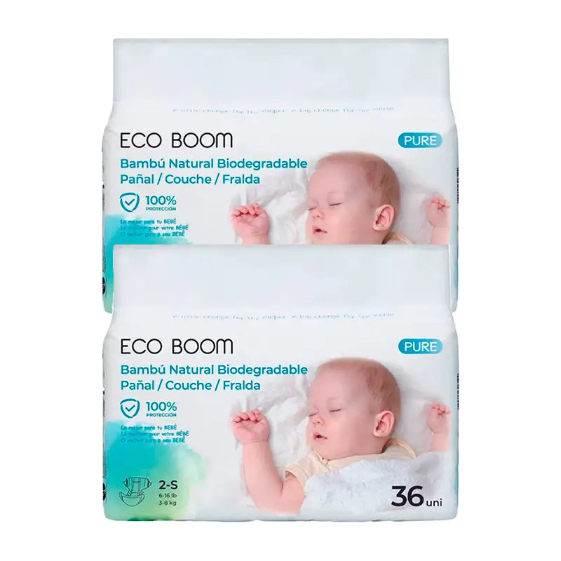 Eco Boom Pack 2X Pure S 2 Bamboo Windeln, 72 Stück.
