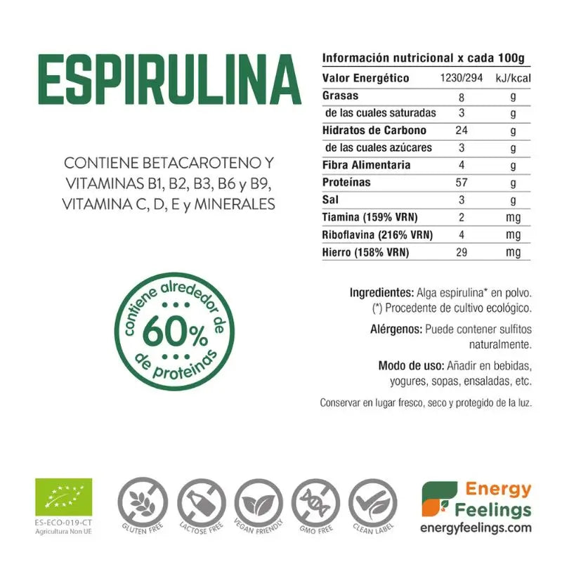 Energy Feelings Spirulina Pulver 200Gr. Öko-Vegan Sg