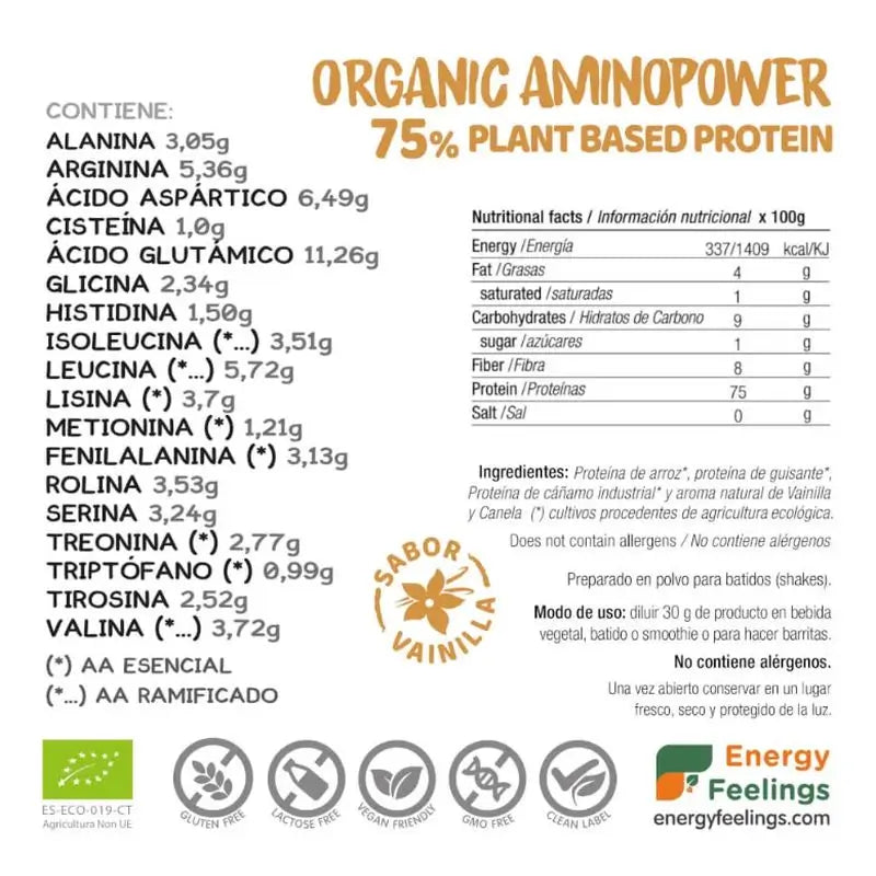 Energy Feelings Bio Aminopower 77% Vanille 500Gr Eco Vegan Sg